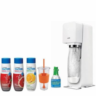 SodaStream Source Home Soda Maker White Starter Kit w/ 24 Ounce Togo Cup, Waters Zeros Pink Grapefruit Zero Calorie, Waters Zeros Cranberry Raspberry Zero Calorie and Waters Essence Lemon Flavors