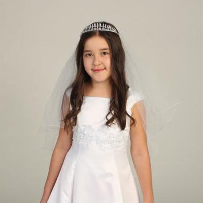 Angels Garment Girls White Rhinestone Satin Ribbon Pencil Edge Veil Tiara