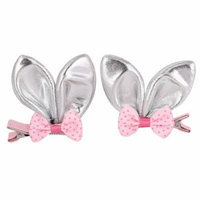 2 Pcs Nylon Sparkly Rabbit Ear Bowknot Decorated Hair Clip Silver Tone for Girl