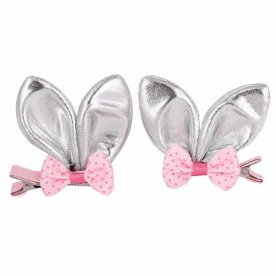 2 Pcs Nylon Sparkly Rabbit Ear Bowknot Decorated Hair Clip Silver Tone for Girl