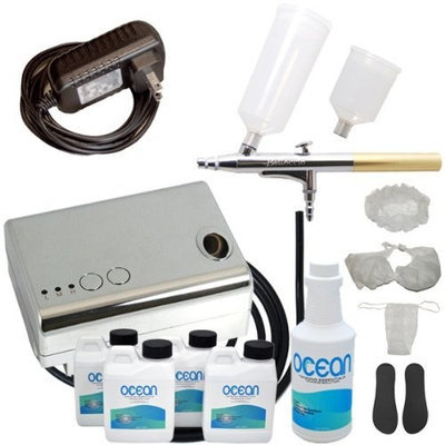 Complete Professional Belloccio Sunless Tanning Airbrush System with a Pint of 8.5% Ocean DHA Solution with Medium Bronzer, 4 Solution Variety Pack (1 Pint Total), and Accessories
