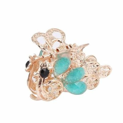 Women Faux Rhinestone Accent Peacock Pattern Hair Claw Clip Jaw Hairpin Blue