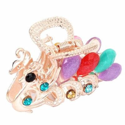 Women Faux Rhinestone Decor Peacock Design Hair Claw Clip Jaw Hairpin Colorful