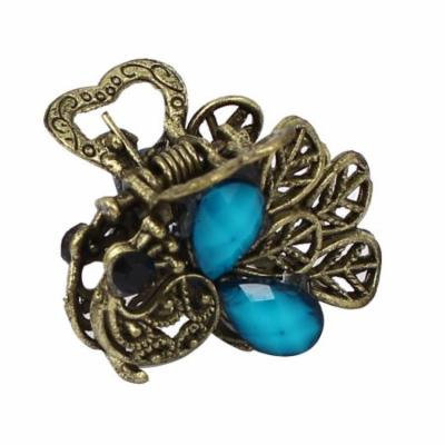 Women Lady Faux Rhinestone Accent Peacock Design Hair Claw Clip Jaw Hairpin Blue