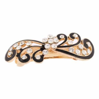Women Rhinestones Inlaid Black Floral Accent French Hair Barrette Clip Gold Tone