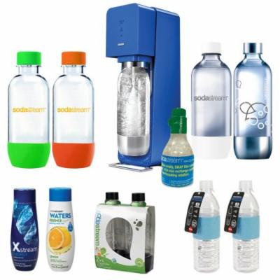 SodaStream Source Soda Maker(Metal) in Blue with Exclusive Kit w/ 4 Bottles & Starter CO2, 1L Carbonating Bottles Black, 2x Hydra Bottle Blue, Xstream Energy Drink & Water Essence w/ Lemon Flvr