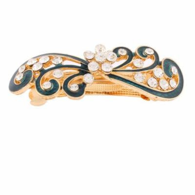 Women Rhinestones Inlaid Green Floral Accent French Hair Barrette Clip Gold Tone