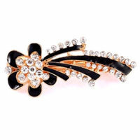 Women Floral Design Faux Crystal Inlaid French Hair Pin Clip Barrette Black