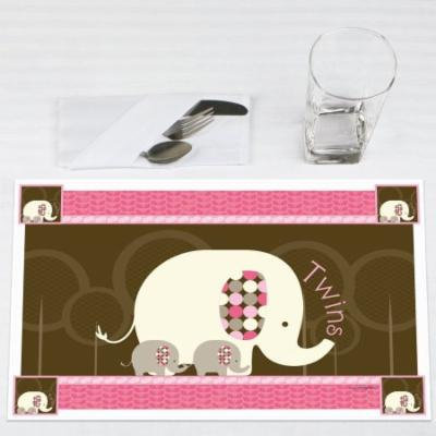 Twin Pink Baby Elephants - Party Placemats - Set of 12