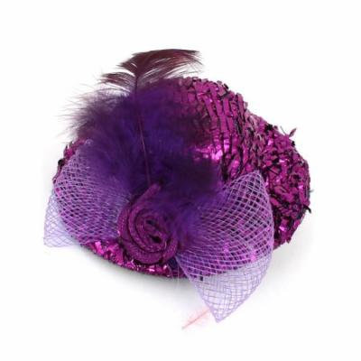 Party Purple Flower Bowknot Accent Tinsel Covered Top Hat Alligator Hair Clip