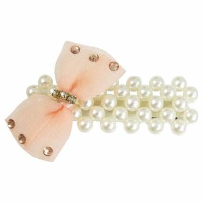 Girl Pale Pink Bowknot Accent Fuax Pearl Silver Tone Metal Hair Alligator Clip