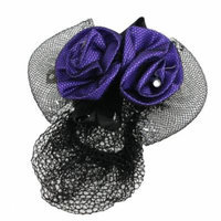 Women Black Snood Net Barrette Double Purple 3D Flower Decor Hair Clip