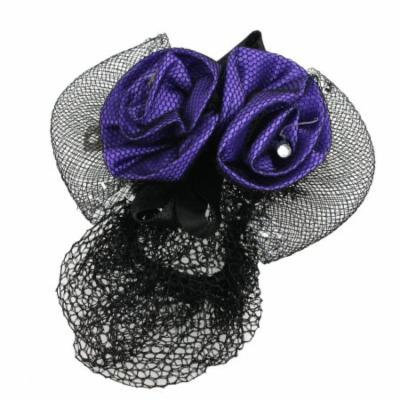 Women Black Snood Net Barrette Double Purple 3D Flower Decor Hair Clip