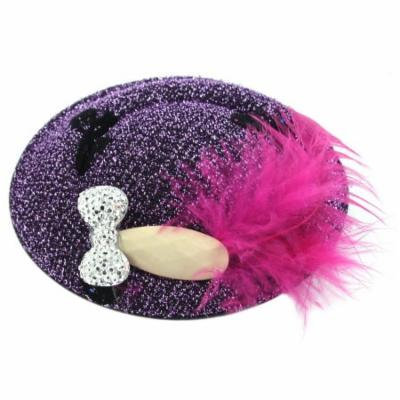 Fuchsia Faux Feather Glitter Bow Top Hat Women Alligator Hair Clip