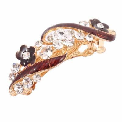 Lady Wedding Party Flower Imitation Rhinestone French Hair Clip Hairpin Brown