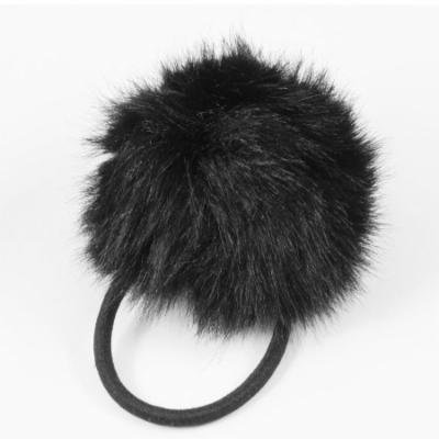 Plush Ball Decor Black Hair Tie Ponytail Holder for Woman
