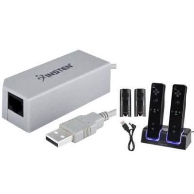 Insten Black Dual Charging Dock Station with 2-pack 2800mAh Rechargeable Battery + USB LAN Adapter For Wii
