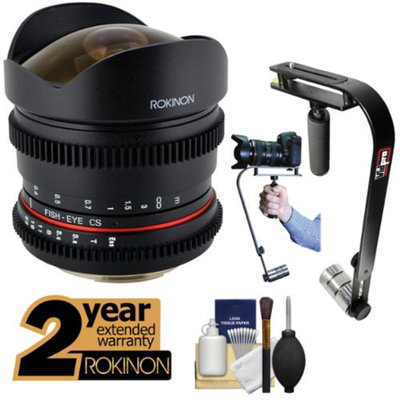 Rokinon 8mm T/3.8 Cine Fisheye Lens with 2 Year Ext. Warranty + Steadycam Kit for Nikon D3200, D3300, D5200, D5300, D7100, D610, D800, D4s Cameras