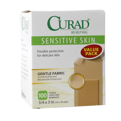 Curad Sensitive Skin Gentle Fabric Sterile Latex-Free Bandages, 3/4 x 3 inch (19 x 76 mm), 100 ea