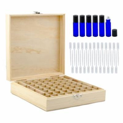 Wooden Essential Oil Box w/ 6 10ml Cobalt Blue Rollon Bottles and 25 Pipettes - Box Holds 52 5-15 ml & 6 10ml Roll-On Essential Oil Bottles - Perfect Essential Oils Case for Home and Travel