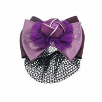 Women Purple Flower Bow Accent Hair Barrette Snood Net