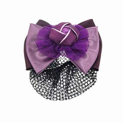 Women Purple Flower Bow Accent Hair Barrette Snood Net