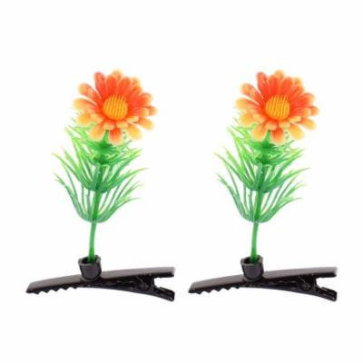 Lady Plastic Flower Detail Party Alligator Hair Clip Barrette Green Orange Pair