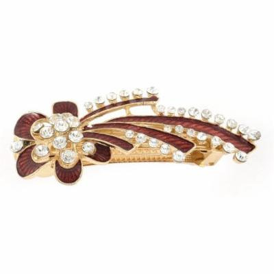 Women Plastic Crystal Inlaid Floral Design French Hair Pin Clip Barrette Red
