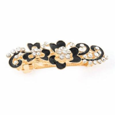 Women Plastic Rhinestone Accent Floral Design Hair Pin Barrette Clip Black