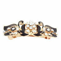 Lady Rhinestone Inlaid Flower Accent French Hair Barrette Clip Gold Tone Black