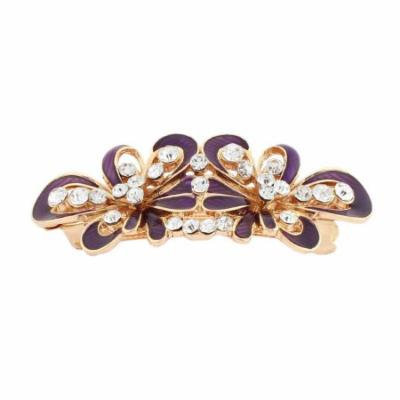 Lady Rhinestone Inlaid Flower Design French Barrette Hair Clip Gold Tone Purple