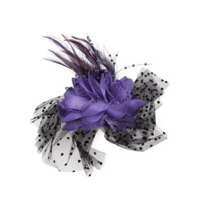Woman Feather Detail Mini Beads Accent Flower Hair Clip Brooch Purple