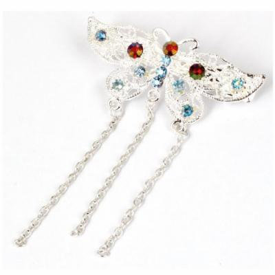Lady Plastic Beads Decor Butterfly Shape Hair Barrette Clip Hairpin Silver Tone