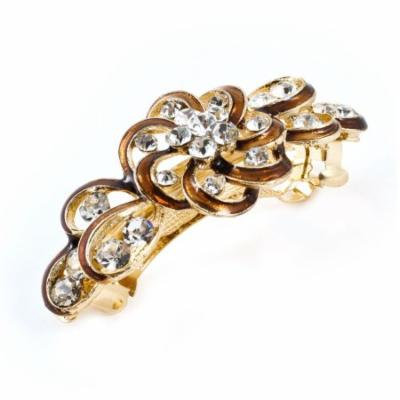 Woman Party Brown Flower Plastic Rhinestone Accent Hair Clip Barrette Hairpin