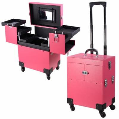 14X9X17inch PVC Rolling Makeup Cosmetic Train Case Lockable Wheeled Box Artist