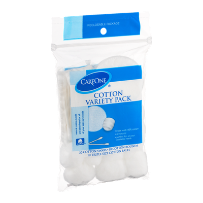 CareOne Cotton Variety Pack - 30 Cotton Swabs/10 Cotton Rounds/10 Triple Size Cotton Balls
