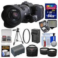 JVC GC-PX100B Procision Full HD Wi-Fi Digital Video Camera Camcorder with 64GB Card + Case + LED Light Set + Battery/Charger + Tripod + Tele/Wide Lens Kit