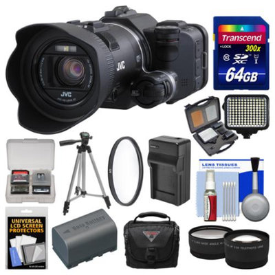JVC GC-PX100B Procision Full HD Wi-Fi Digital Video Camera Camcorder with 64GB Card + Case + LED Light Set + Battery/Charger + Tripod + Tele/Wide Lens Kit