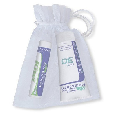Rocky Mountain Sunscreen Rocky Mountain White Organza Gift Bag with 1 Lip Balm Kiwi SPF 30 ( 4.9 grams) and 1 Tube Sunscreen SPF 30 (1-Ounce), 25-Count Organza Bags