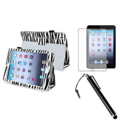 Insten iPad Mini 3/2/1 Case, by INSTEN Black Zebra Leather Case Cover+AG Protector/Pen for iPad Mini 3 2 1