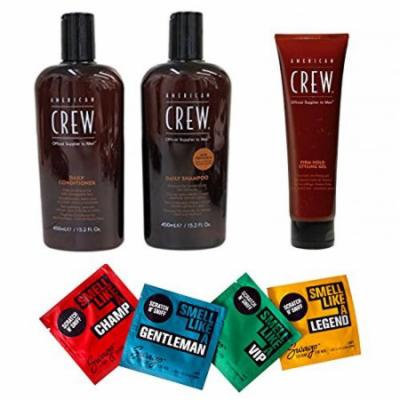 Bundle - 7 items: American Crew Daily Shampoo & Conditioner Duo, 15.2 oz & Firm Hold Styling Gel, 13.1 oz & Swago Wipes (4 pack)