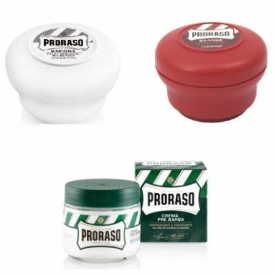 Proraso Shave Soap, Sensitive 150 ml + Proraso Shave Soap, Sandalwood 150 ml + Proraso Pre Shaving Cream w/ Menthol & Eucolyptus 100 ml