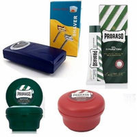 Proraso Shave Soap, Sandalwood 150 ml + Proraso Shaving Soap Menthol and Eucalyptus 4 Oz + Shaving Factory Double Edge Safety Razor, Silver + Proraso Styptic Gel 10ml