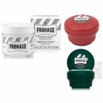 Proraso Shave Soap, Sandalwood 150 ml + Proraso Shaving Soap Menthol and Eucalyptus 4 Oz + Proraso Pre Shaving Cream w/ Green Tea & Oatmeal 100 ml