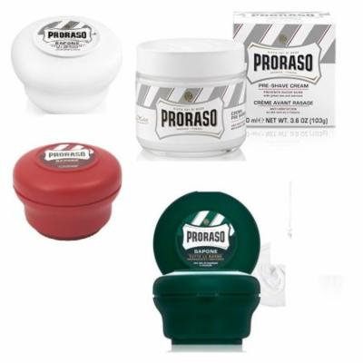 Proraso Shave Soap Sensitive 150ml + Proraso Shave Soap Sandalwood 150ml + Proraso Shaving Soap Menthol and Eucalyptus 4oz + Proraso Pre Shaving Cream w/ Green Tea & Oatmeal 100ml