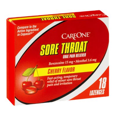 CareOne Sore Throat Oral Pain Reliever Lozenges Cherry - 18 CT