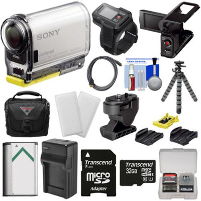 Sony Action Cam HDR-AS100VR Wi-Fi GPS HD Video Camera Camcorder & Live View Remote with 32GB Card + LCD Cradle + Tilt & Adhesive Mounts + Battery + Case + Tripod + Kit
