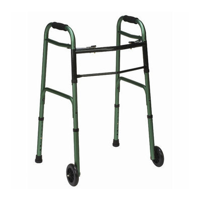 Mabis Briggs Healthcare Button Release Aluminum Folding Walker with Non-Swivel Wheels