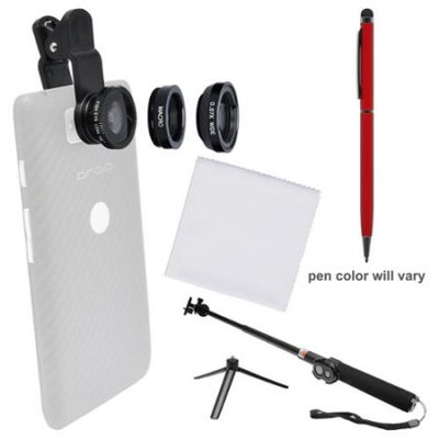 Zuma 3-in-1 Clip-on Fisheye Macro & .67x Wide-Angle Lens Set for Smartphones & Tablets with Selfie Stick + Stylus Pen + Cleaning Cloth + Kit