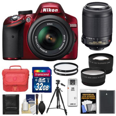 Nikon D3200 Digital SLR Camera & 18-55mm G VR DX AF-S Zoom Lens (Red) with 55-200mm VR Lens + 32GB Card + Case + Battery + Tripod + Filters + Tele/Wide-Angle Lenses Kit